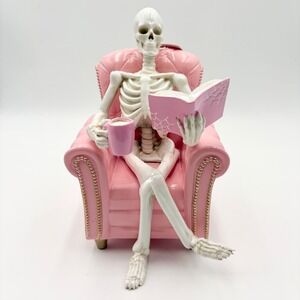 Mystic Pink Skeleton in Armchair Figurine Reading Book Spooky Cute Decor NEW